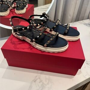 Valentino Garavani Black Studded Leather Sandals with White Sole